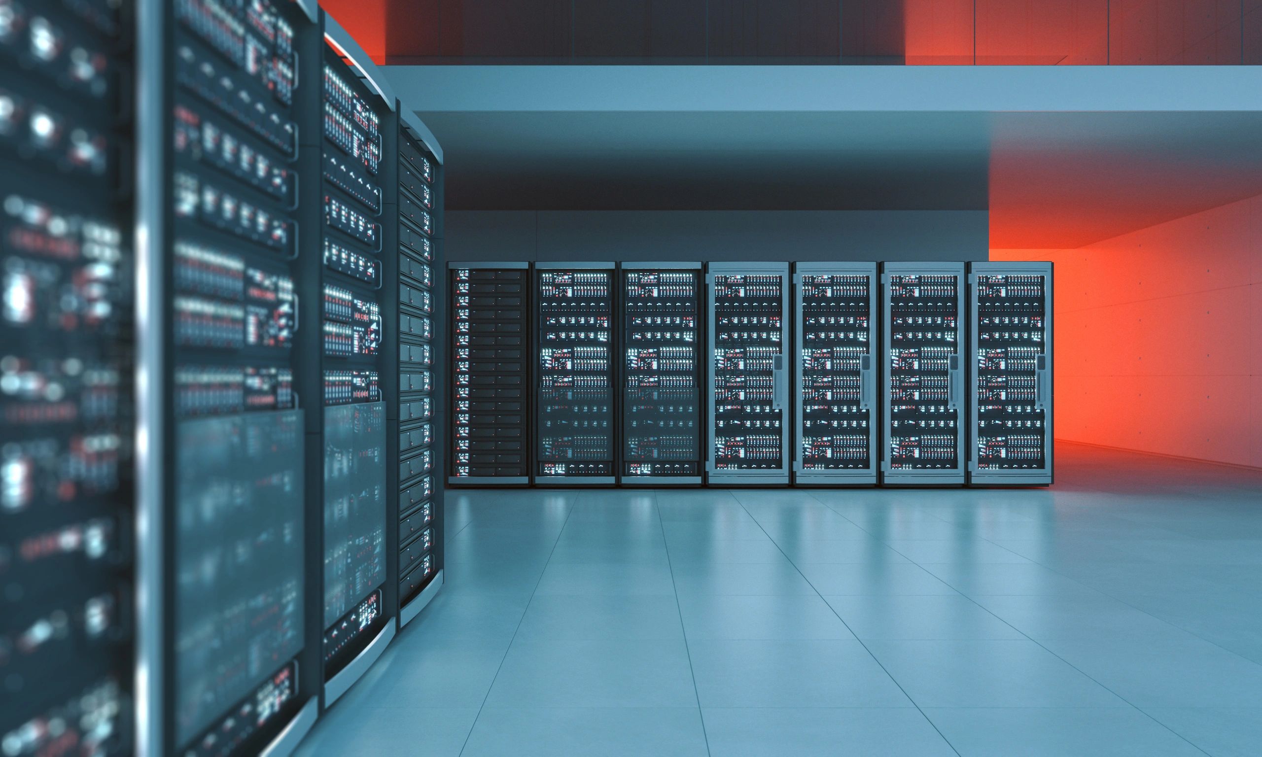 Centro de datos moderno con iluminación tecnológica