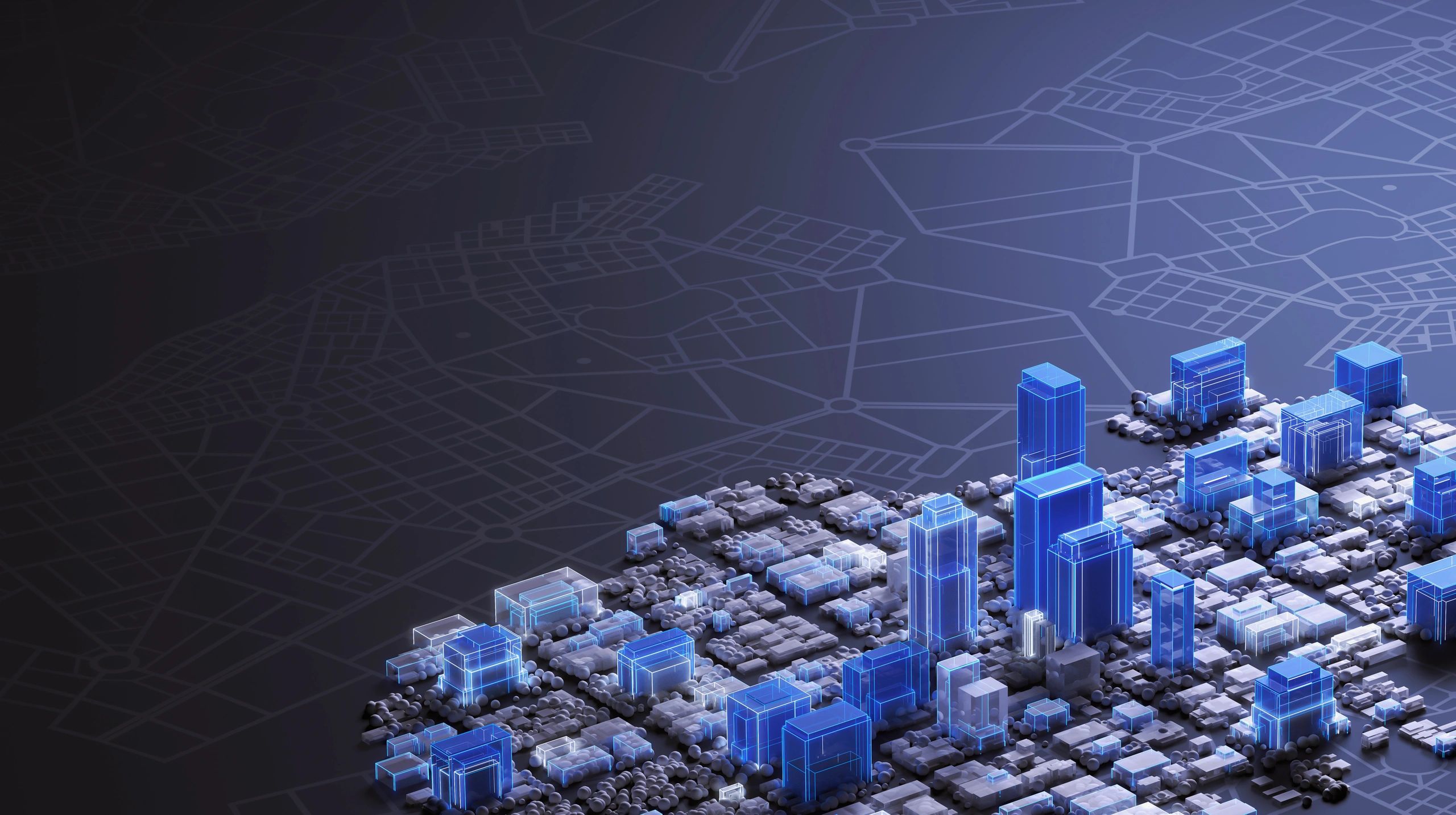 Modelo de ciudad inteligente con iluminación azul y trazado digital